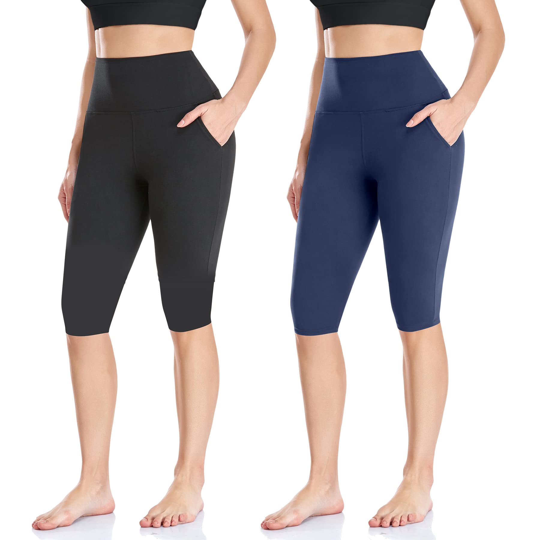 FULLSOFT2 Pack Women's Knee-Length Leggings -High Waist Capri Biker Shorts -Workout Casual Summer Yoga Leggings