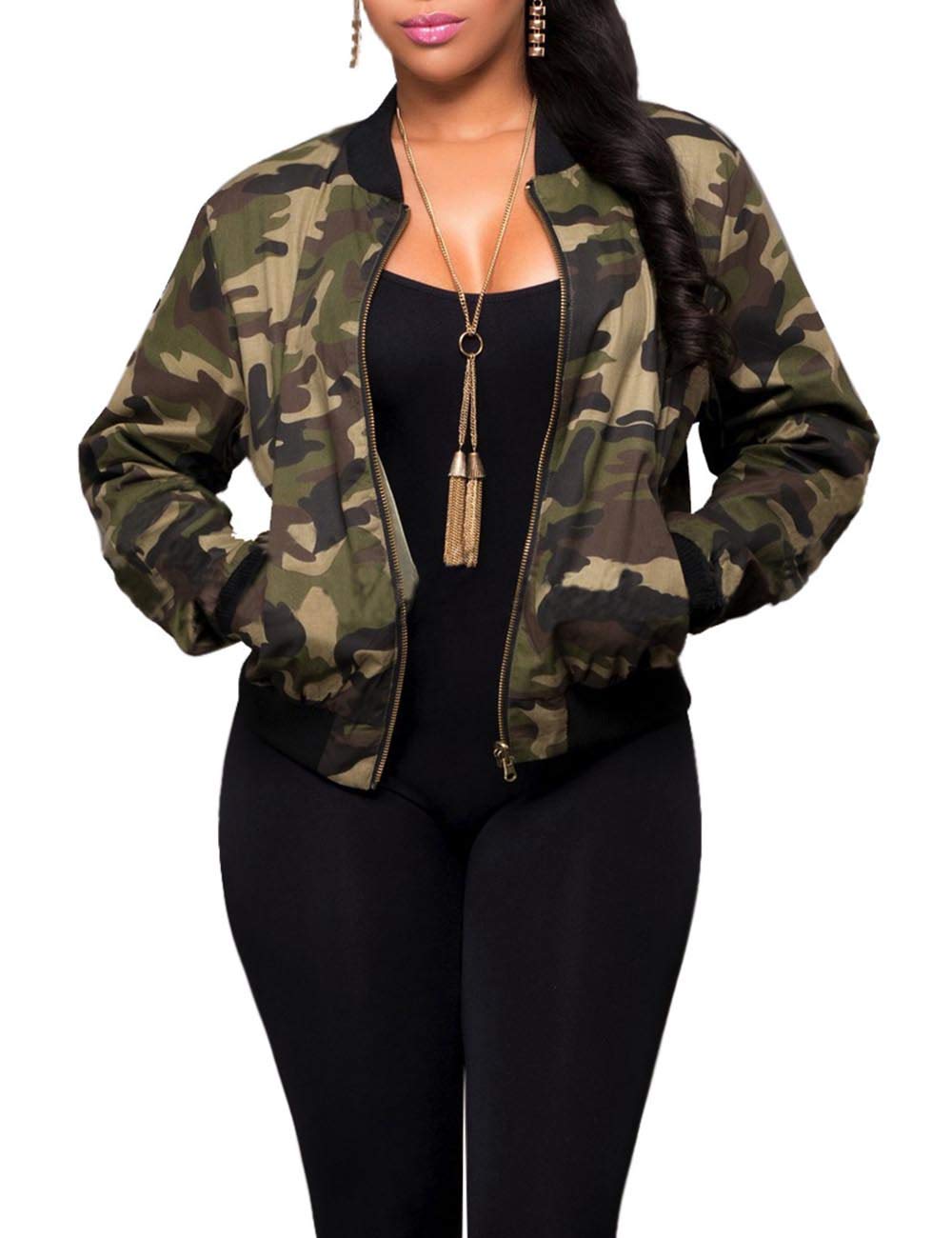xxxiticat Women's Camo Jacket Long Sleeve Zipper Down Army Fatigue Graphic Cargo Trendy Green Camouflage Bomber Coat