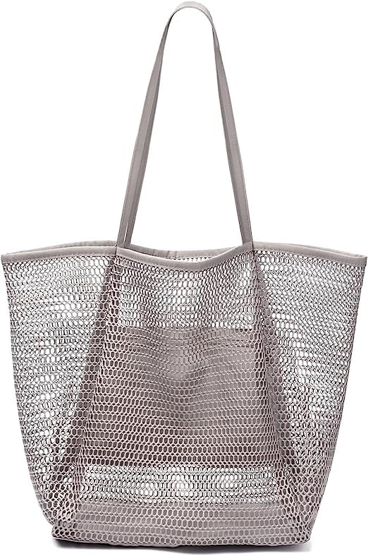 SkadeBeach Bag Mesh Tote Bag, Upgraded Beach Bags for Women Mesh Bag Hobo Bag Beach Accessories for Travel Picnic Vacation (Grey)