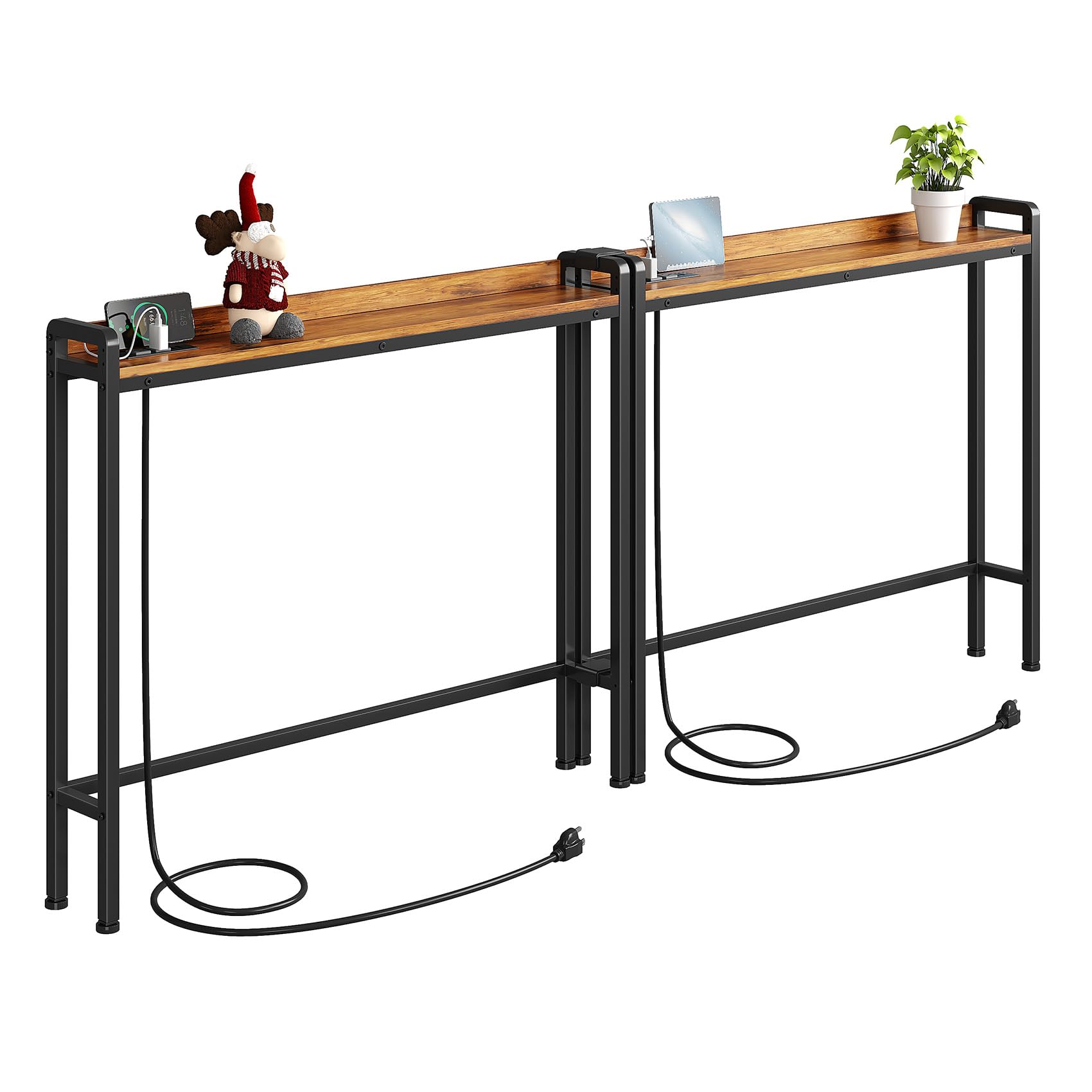 Kitstorack 2-Pack Rustic Brown Narrow Console Table Behind Sofa Couch, Elevated Rear Fence & Built-in Power Outlets, Includes 6.5' Power Cord, 5.9" D x 79" L x 33.3" H