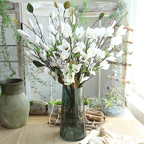 Lovskoo Fake Plants Home Decor Artificial Flowers Magnolia Centerpiece Table Decorations Preserved Flowers Vase Filler For Bedroom, Kitchen, Party, Green Ornaments For Women, Men (White) #TOP3
