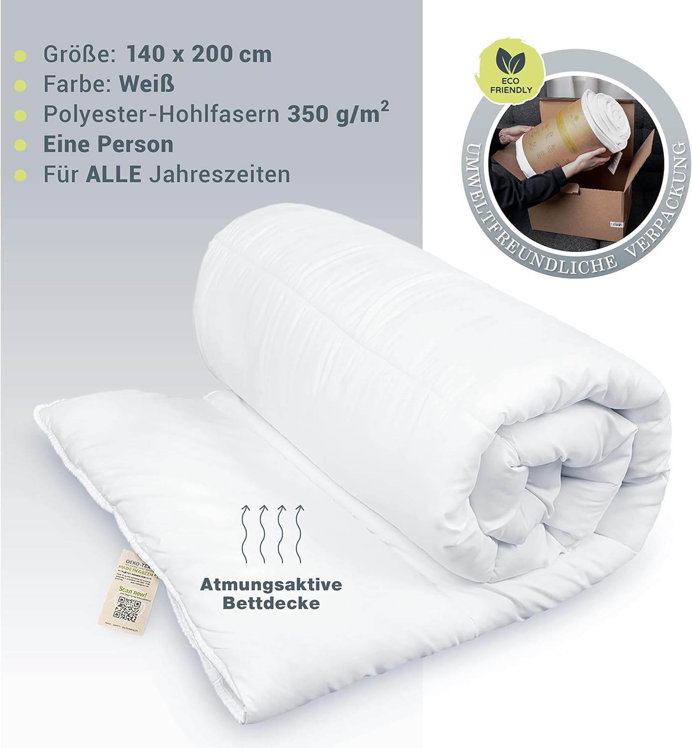 FH FAM' HOME HOME COSINESS Edredón Lavable Blanco 140 x 200 cm, edredón Acolchado Certificado Made IN Green, hipoalergénico Suave y Duradero, Fibra Hueca de poliéster Reciclado 350g/m2, una Persona