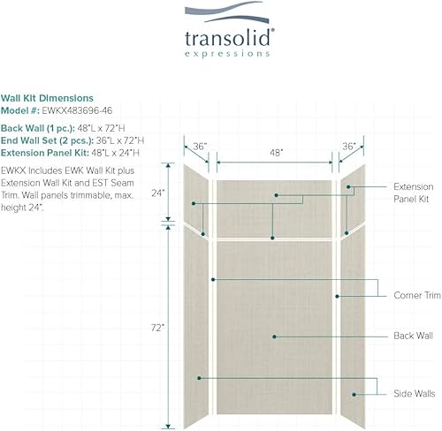 Miniatura 69 de Transolid EWKX483696-41 Expressions - Kit de pared de ducha de 6 paneles con extensión, 36 pulgadas de largo x 48 pulgadas de ancho x 96 pulgadas