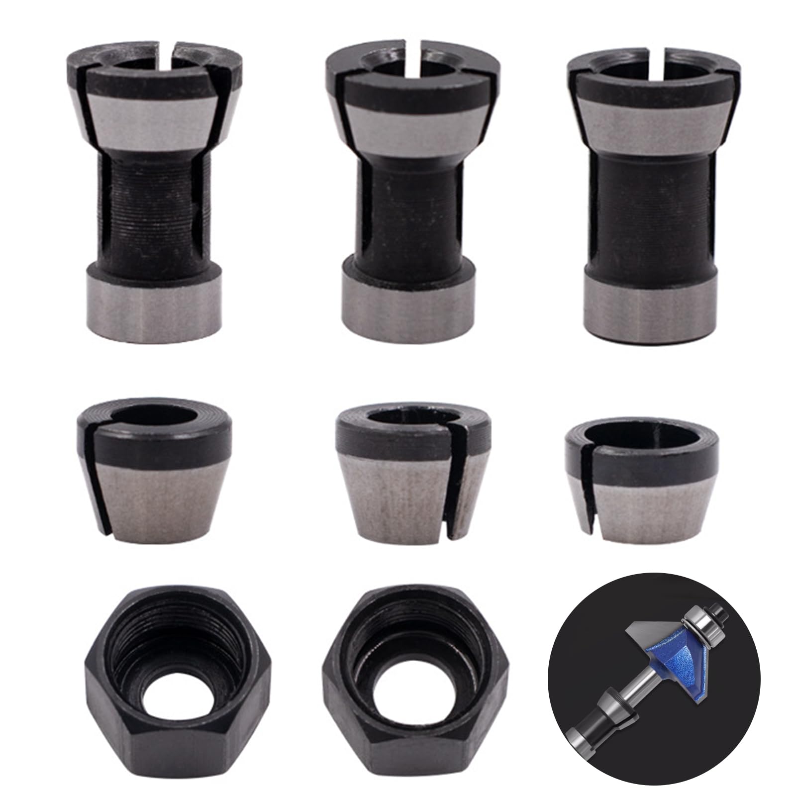 EsiFare トリマーアダプターコレットセット 高精度 8個セット 6mm 6.35mm 8mm コレットチャック トリマーチャックアダプター 木工用電気ルーターコレットアダプター トリマー用ナット付き 簡単に設置 安定したクランプ DIY 工具 電動工具 木工 彫刻機 トリミング機アクセサリ
