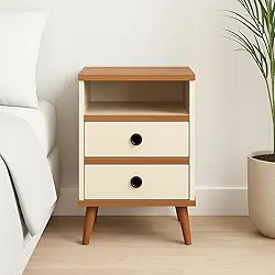 Mesa de cabeceira retrô pés em madeira 2 gavetas -Alamo- Off white/nature