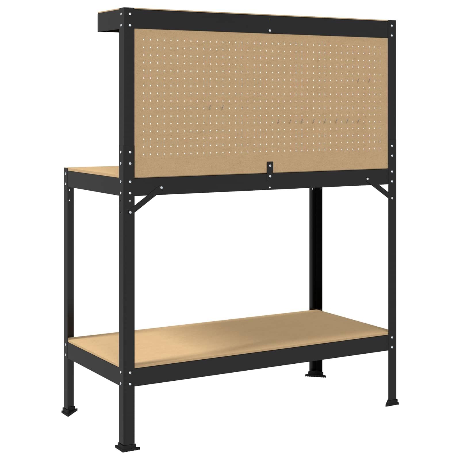 Banco de trabajo negro de madera contrachapada y metal, 114 x 54 x 145 cm, con cajón y pared perforada, almacenamiento práctico para taller, garaje, sala de ocio, superficie de trabajo