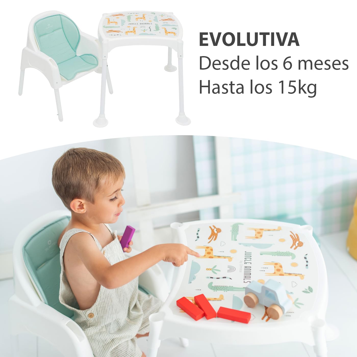 Olmitos - Trona Evolutiva 3 en 1 para Bebé: Trona, Silla Infantil y Mesa con Silla - Arnés de Seguridad, Bandeja Extraíble, Ligera y Ajustable