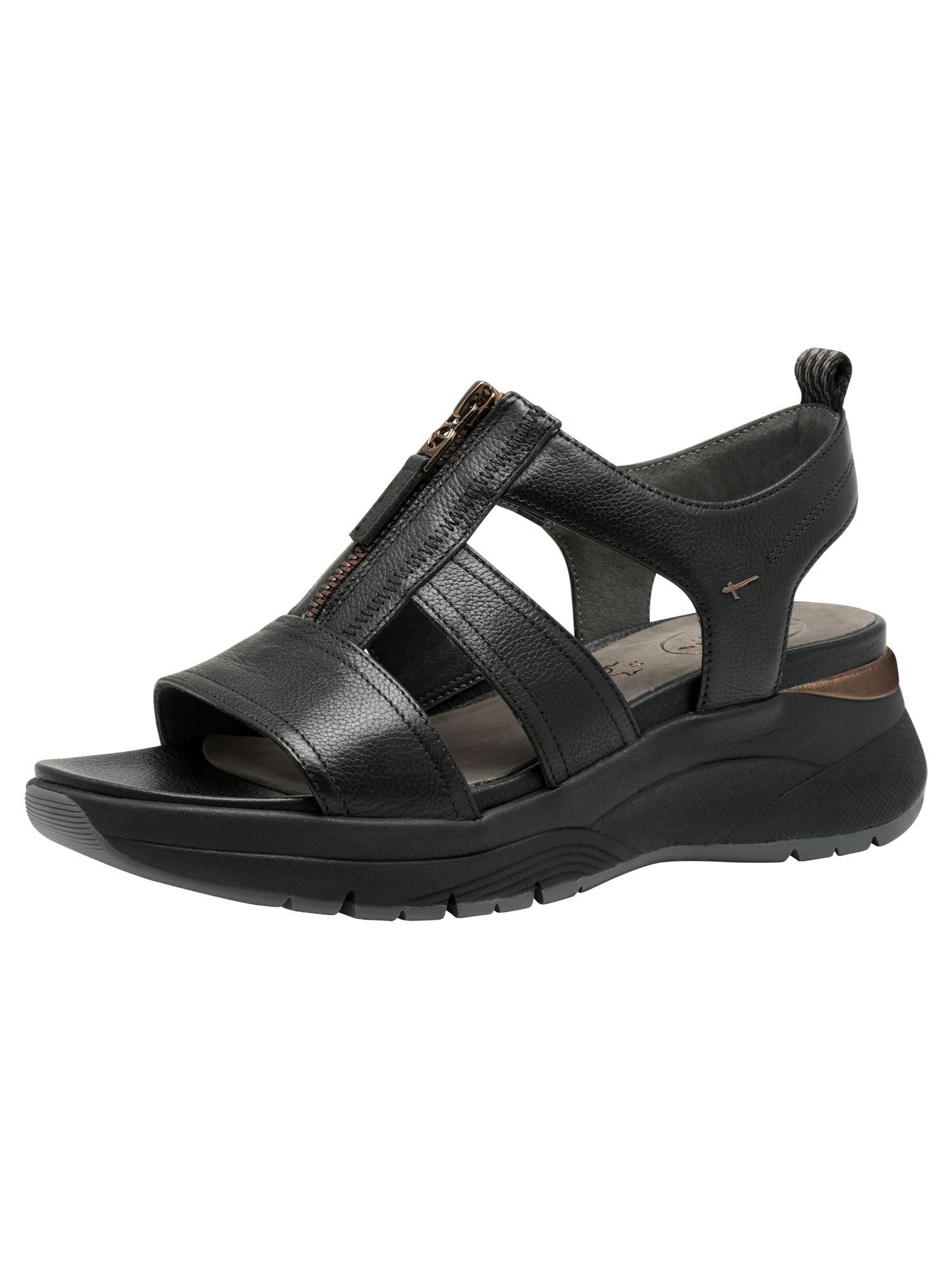 Tamaris Comfort Women’s Flat Leather Sandals with Zip, Black Uni, 3,5 UK