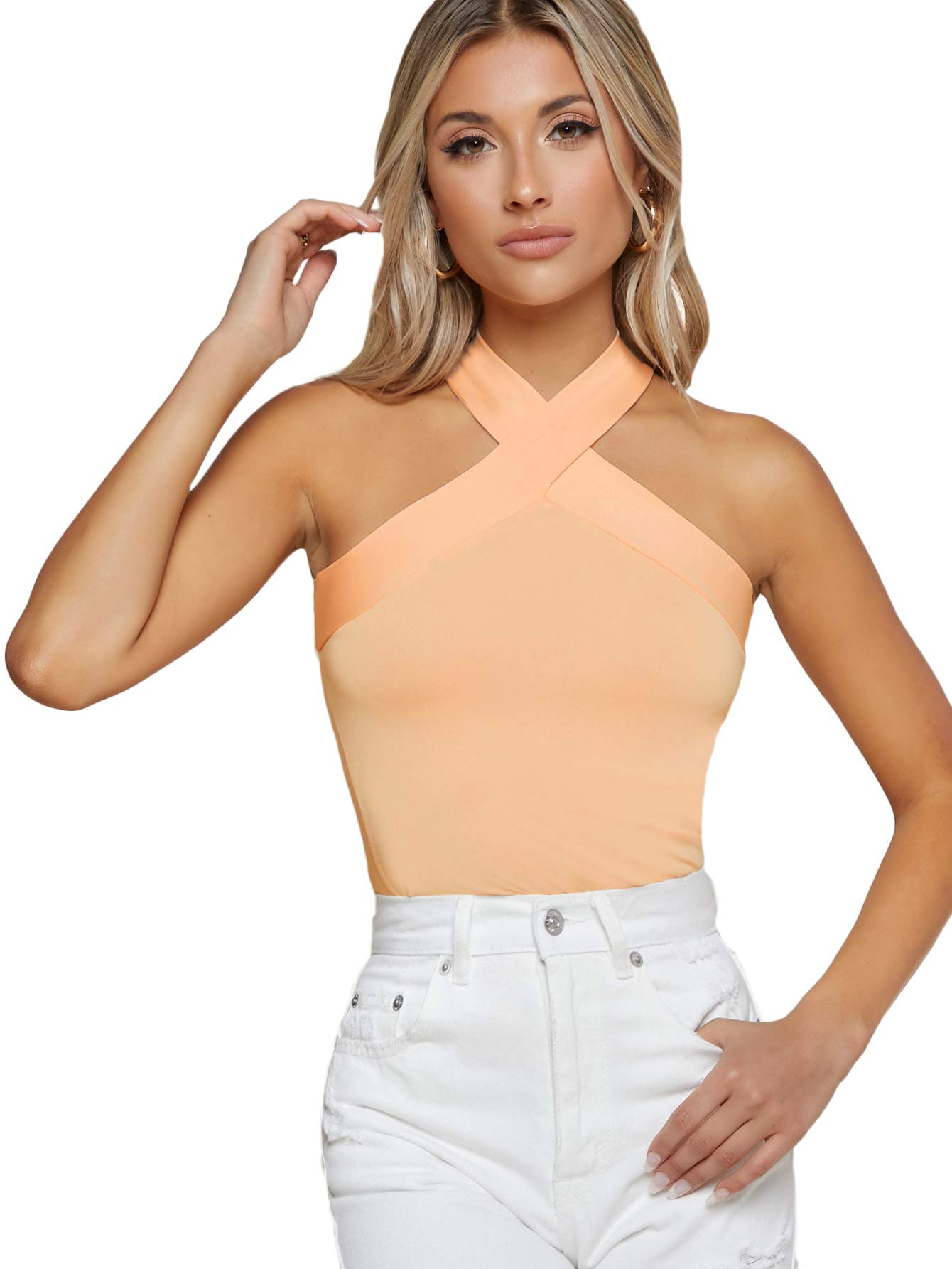 FloernsWomen's Solid Criss Cross Halter Top Sleeveless Tee Shirt