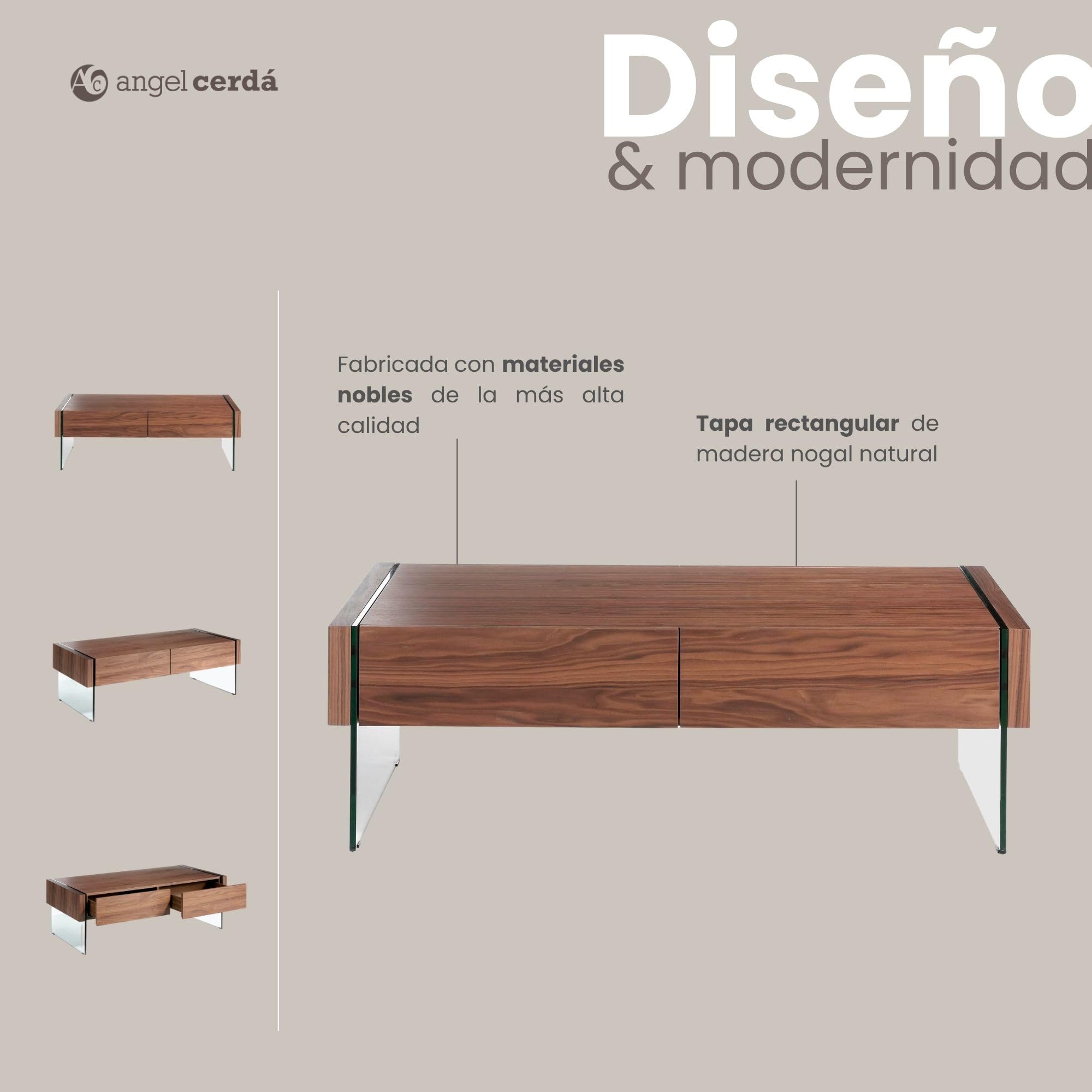 Angel Cerdá – Mesa Centro Diseño con Laterales de Cristal y Tapa de Nogal | Mesa de Centro Rectangular con Almacenaje | Patas de Cristal | Ideal para Salón | 127 x 59 x 41 cm