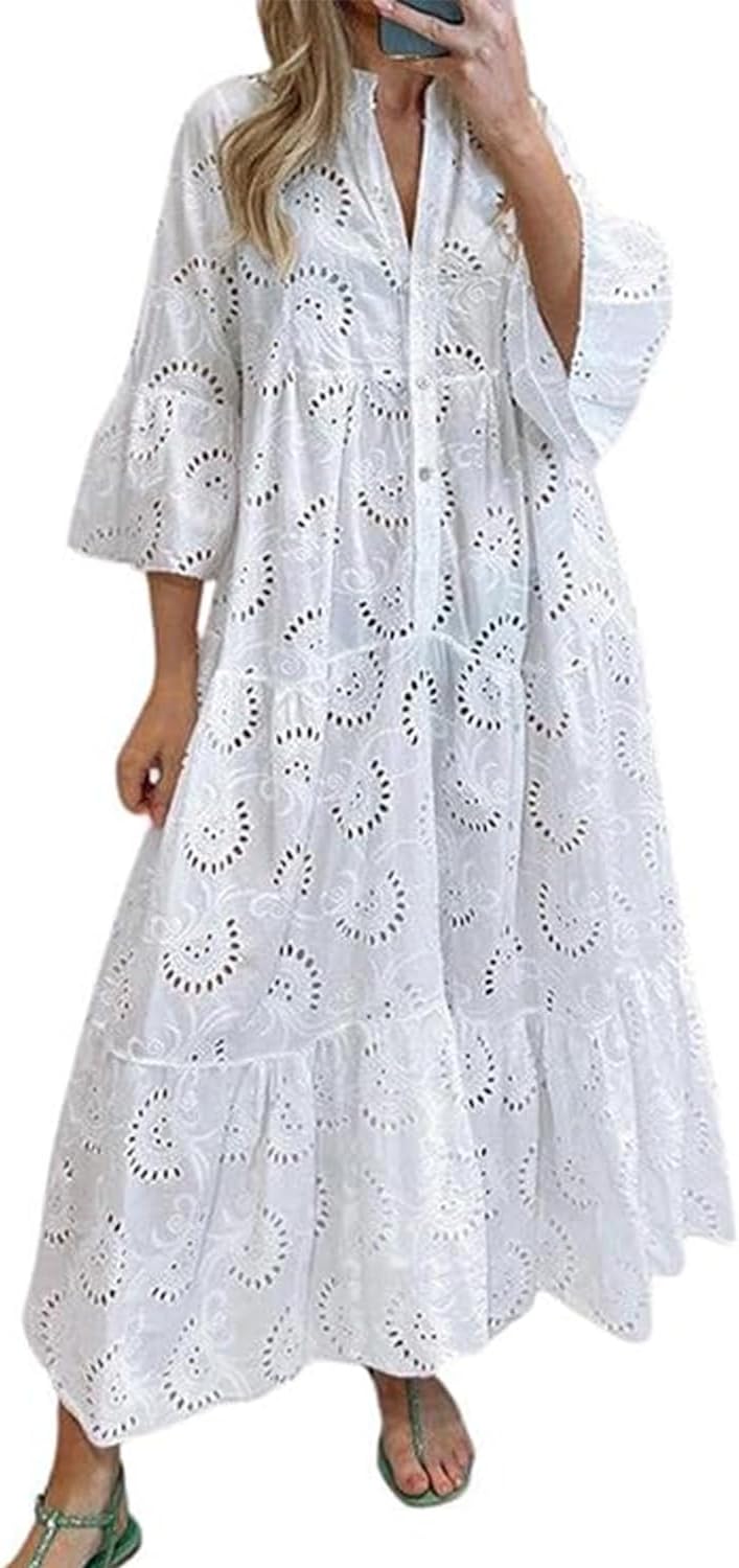 ThCreasa Womens V Neck Eyelet Embroidery Maxi Dresses Lace 3/4 Trumpet Sleeve Button Hollow Tiered Swing Long Dress