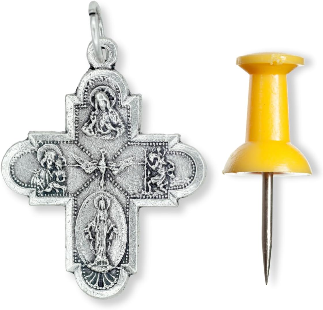 Bulk Pack of 5 Pieces, Five Way Cross 1 1/8" Medal Silver Oxidized with Jesus, Catholic Saints, and the Medal of Our Lady of Grace Mary Catholic Medal and Cross Necklace Pendant - Image 5