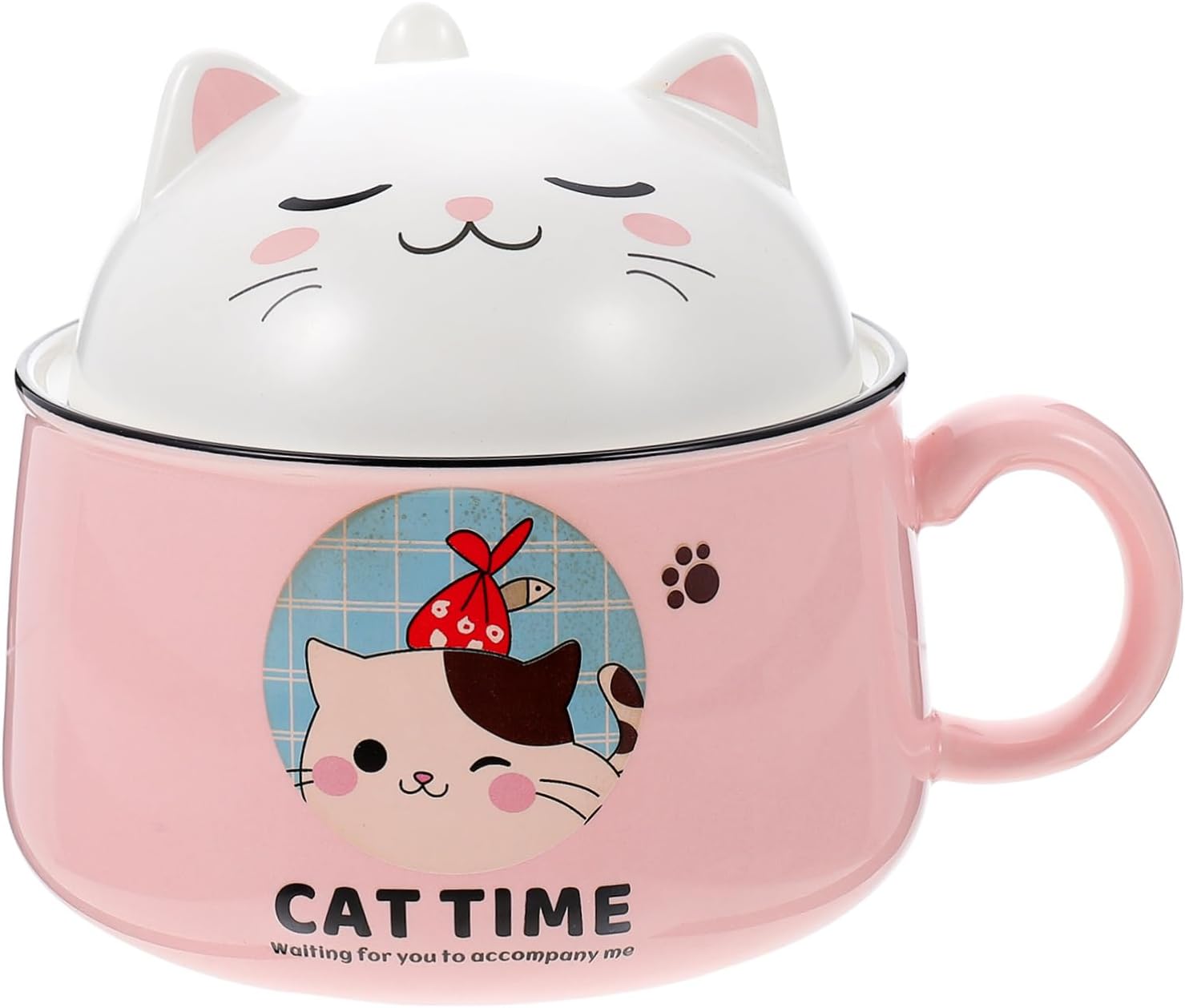 Cartoon Cat Ceramic Noodle Bowl Lid Capacity Decorative Tableware for Soup Pasta and Rice Easy to Clean for Kitchen Use