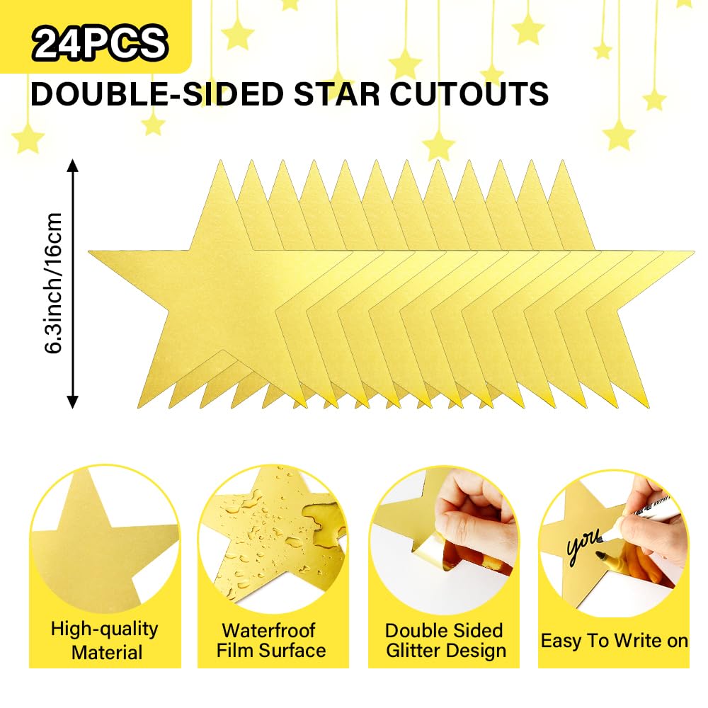 Star Cutouts, 24PCS Gold Star Cutouts, Double Printed Paper Stars, 6 Inch Cardboard Star Cutouts, Glitter Stars Decorations for Christmas Wedding Movie Night Classroom Wall Party Supplies