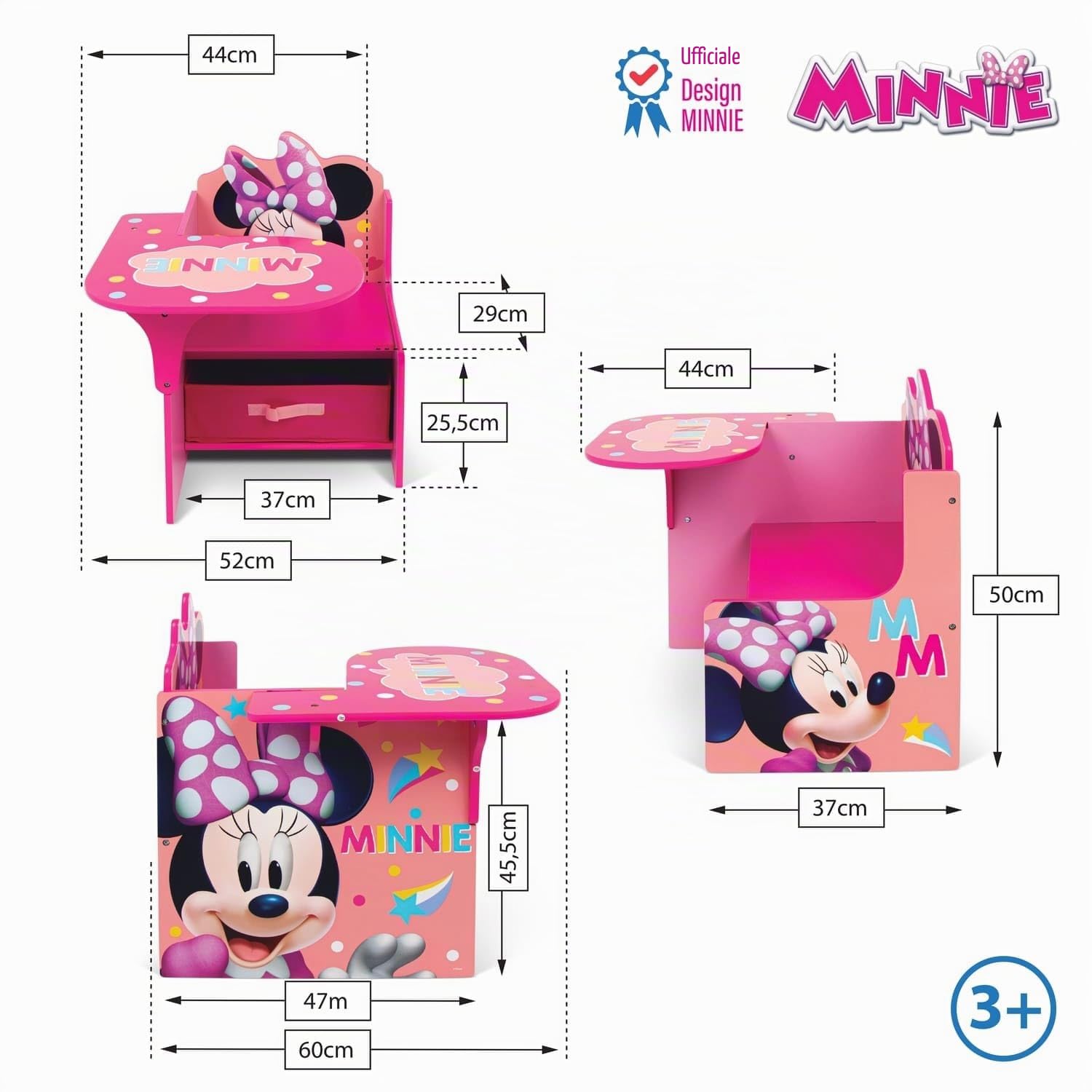 ARDITEX - Sedia-Banco infantile in legno con contenitore in tessuto di Minnie Mouse di Disney - 62x30x60cm - Colore Rosa - Ideale per attività creative, studio o gioco.