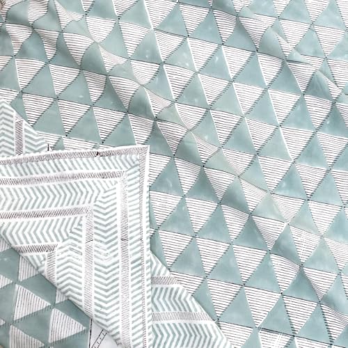 Image of TOAI Hand Block Printed Bedsheet | Bed Spread Flatsheet Bed Sheet | Pure Cotton | Queen Size 90 inchx108 inch | 300 TC Long Staple Cotton | 2 Reversible Pillow Covers |Green Line Pattern