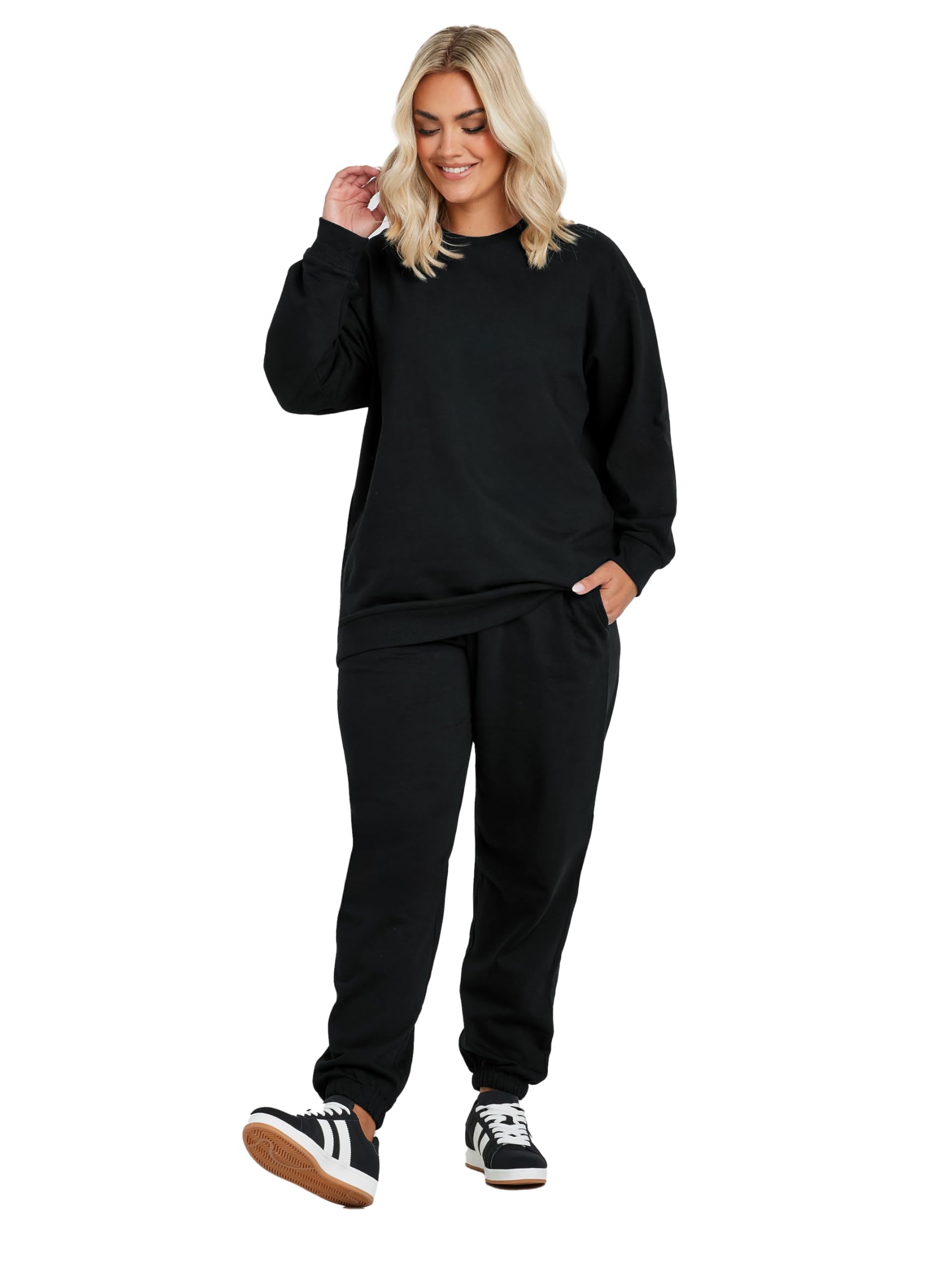 Yours Curve Black Crew Neck Long Sleeve Jogger Set For Women - Size 26-28