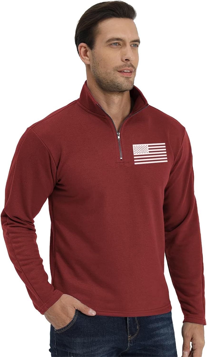 H HYFOL Men's USA Flag Graphic Pocket Pullover American Patriotic 1/4 Zip Stand Collar Long Sleeve Sweatshirts - Image 2