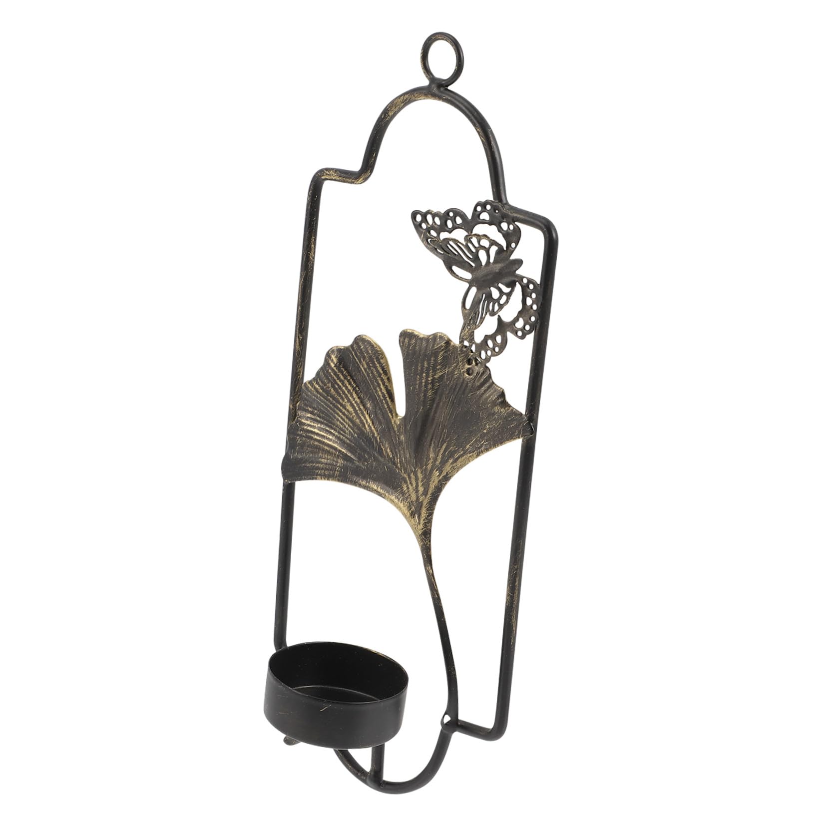 Candelabro de pared de hierro forjado negro, aplique de diseño ginkgo para decoración