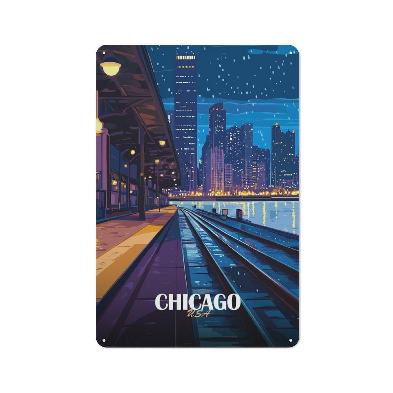 Junmoney Style-9 Chicago Cityscape At Night Rustic Tin Wall Plaque 30X20cm For Hobby Room Or Studio, A Christmas Gift For People Styling Hobby Room And Studio