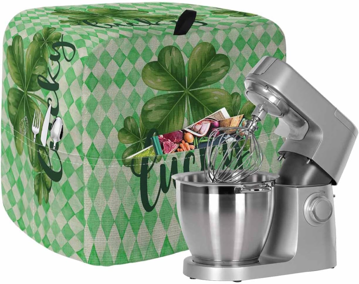 St Patrick's Day Stand Mixer Cover with Storage Pocket, Waterproof Kitchen Mixer Covers, Vintage Lucky Green Shamrocks Rustic Plaid Kitchen Appliance Dust Cover Compatible with 4/4.5 Quart Mixers