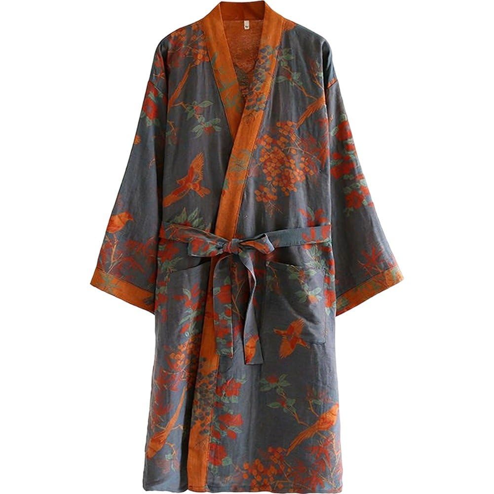 Manga tres cuartos en esta bata de algodón mujer tipo kimono largo