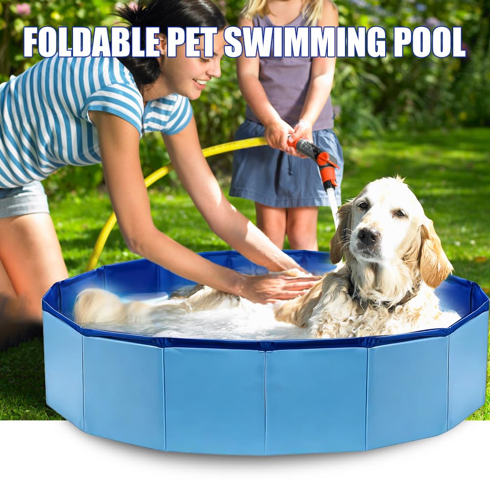 Piscina Plegable para Perros, 80 x 20 cm Piscina para Perros, Portátil Piscina para Perros Pequeños con Válvula de Drenaje, para Interior o Exterior Segura Antideslizante (Azul)