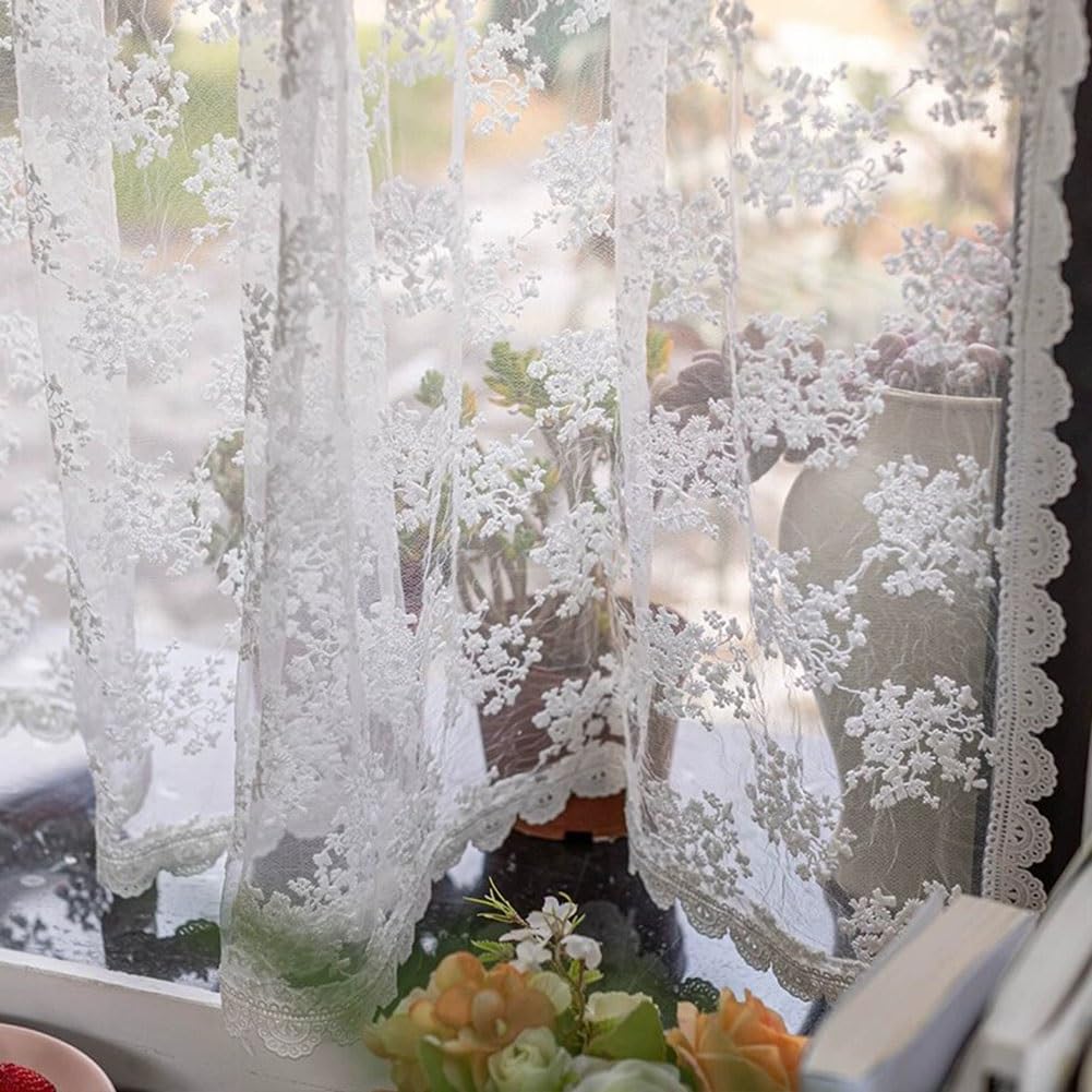 Rideaux en Dentelle Brodés Blancs de 130-270 cm de Long, Élégants Rideau Fenêtre en Voile Transparent Floral Rustique Passe-Tringle pour Salon(WxH130x130cm/51x51inch)