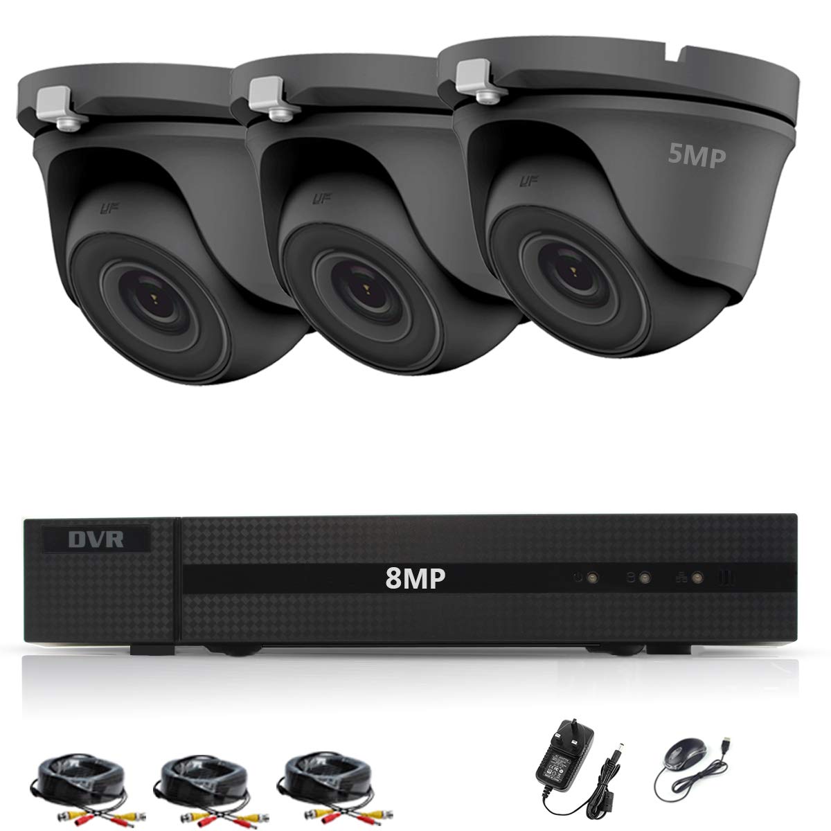 HiZone Pro5MP CCTV KIT SECURITY SYSTEM 4K DVR 4CH+&3X 5MP GRAY ULTRA HD METAL HOUSING IP66 WATERPROOF IN/OUTDOOR DOME CAMERAS 20M NIGHT VISION EASY P2P EMAIL ALERT REMOTE VIEW (NO HDD PRE-INSTALLED)