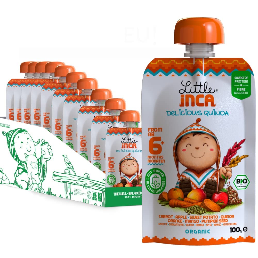 Little Inca Happy Orange (6 x 100 g) | Bio-Babynahrung auf pflanzlicher Quinoa-Basis, recycelbare Beutel, schont den Darm und fördert die kognitive Entwicklung | Laktosefrei | Ab 6 Monaten