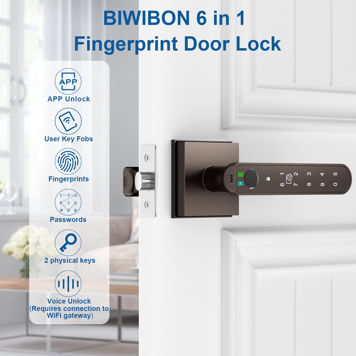 BIWIBON Serratura per porta con impronte digitali, 5 in 1, con Smart APP/impronte digitali/schede IC/password/chiavi di backup, manopola per porta con tastiera per camera da letto, ufficio,