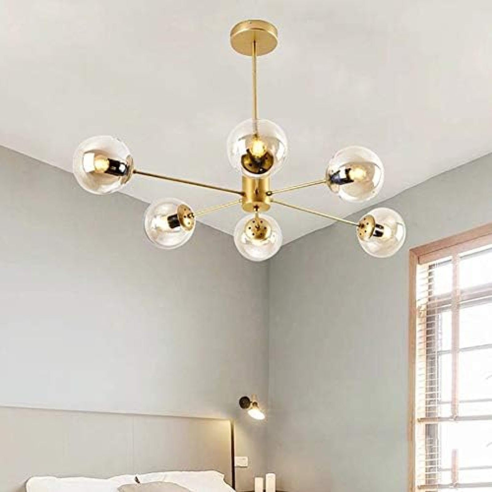 Szklana lampa wisząca, lampa sufitowa, złoty żyrandol Sputnik z kulkami E27, do kuchni, jadalni, sypialni, 6-16 głowic (10 głowic)