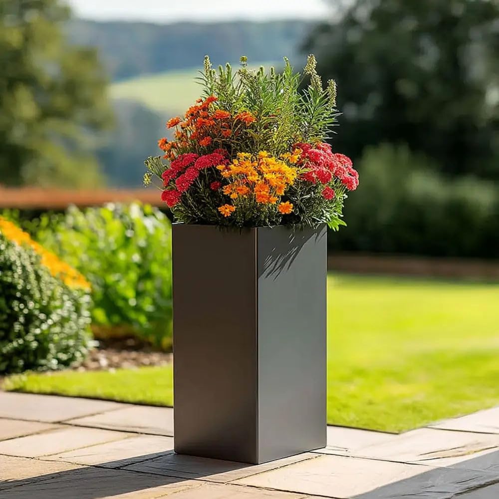 Tulipy Zinc Galvanised Tall Square Planter | No Assembly Needed | Lightweight (Matte Grey, L32cm x W32cm x H75cm)