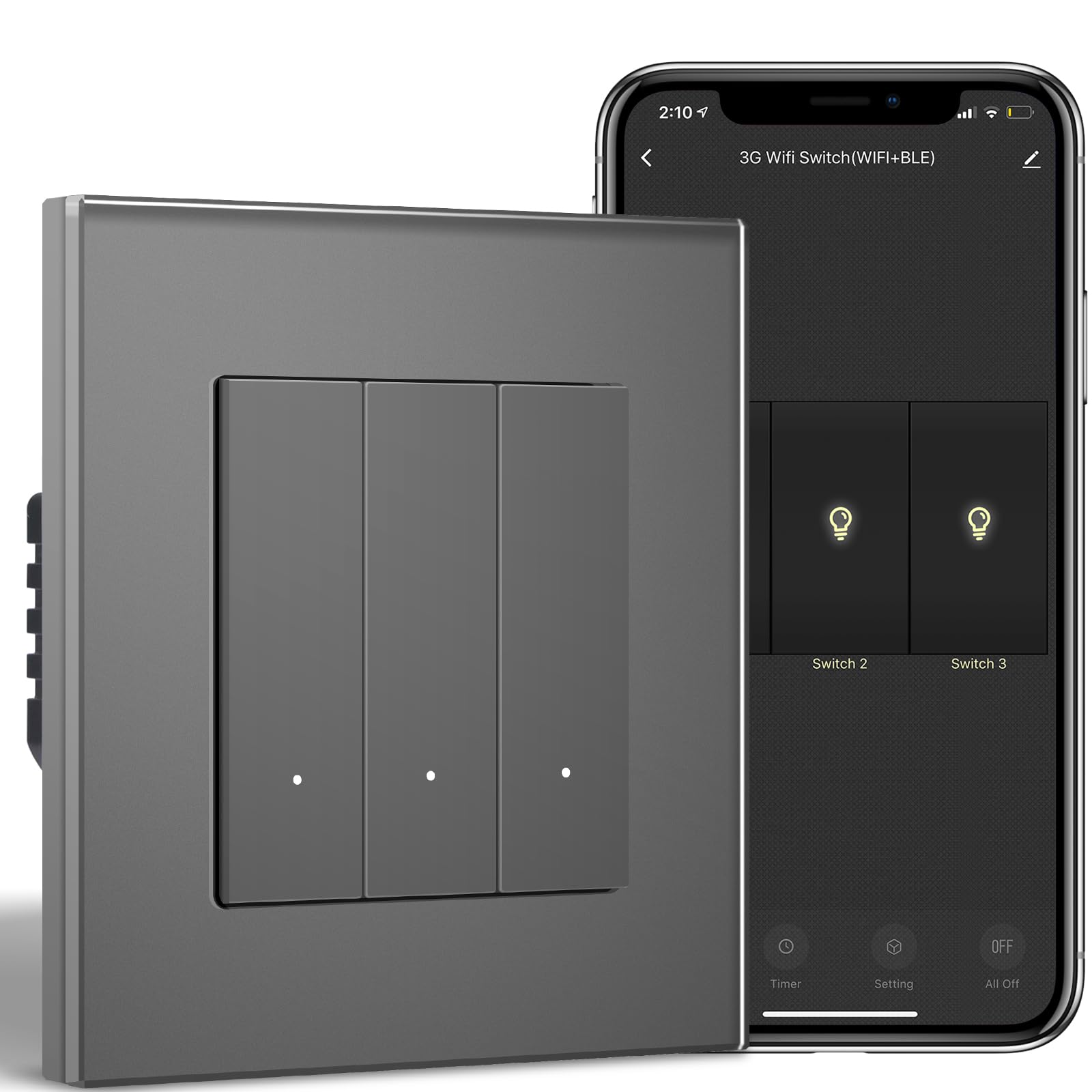 BSEEDLIFE Smart Light Switch,Intelligent WiFi Wall Switch for Smart Home,Compatible with Alexa,Google Home(via Tuya/Smart Life App),3 Gang 1 Way 86 * 86mm,Grey