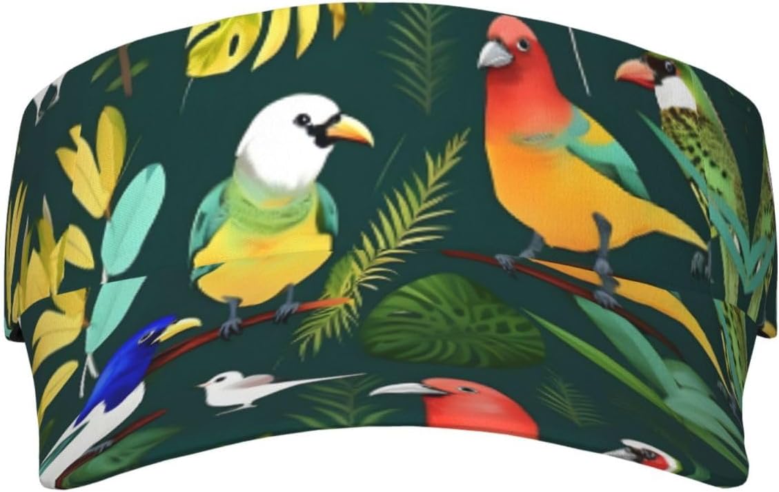 Tropical Birds and Plant Leaf Print Sports Sun Visor Men Women Lightweight Cooling Stretchy Visor Hat for Running, Tennis, Golf Black