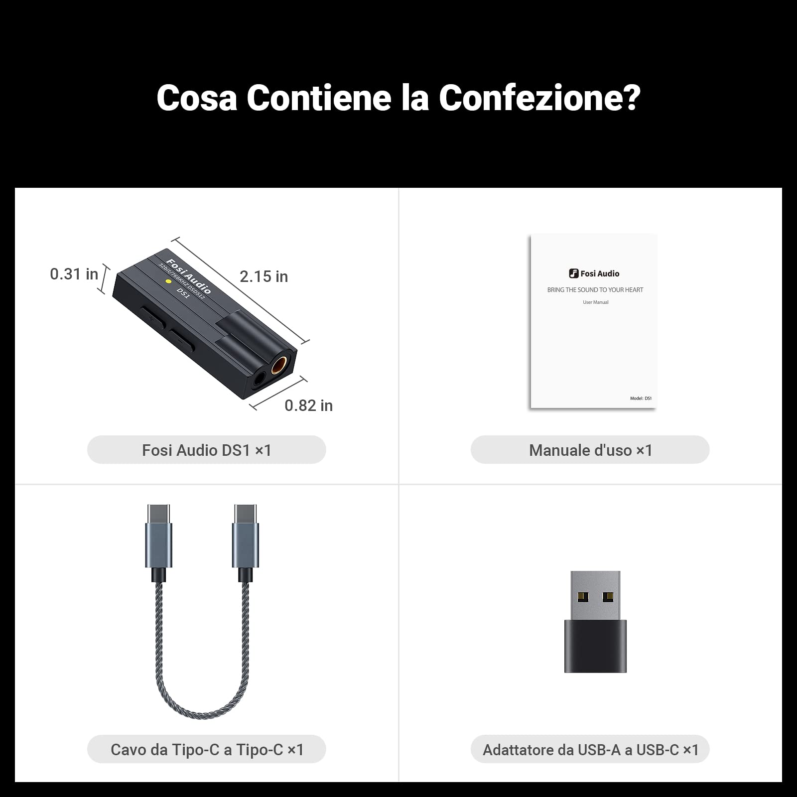 Fosi Audio DS1 DAC Amplificatore Cuffie USB C Hi-Res 32bit/768kHz Uscite Doppie 4,4/3,5mm 16-300Ω Portatile ESS ES9038Q2M