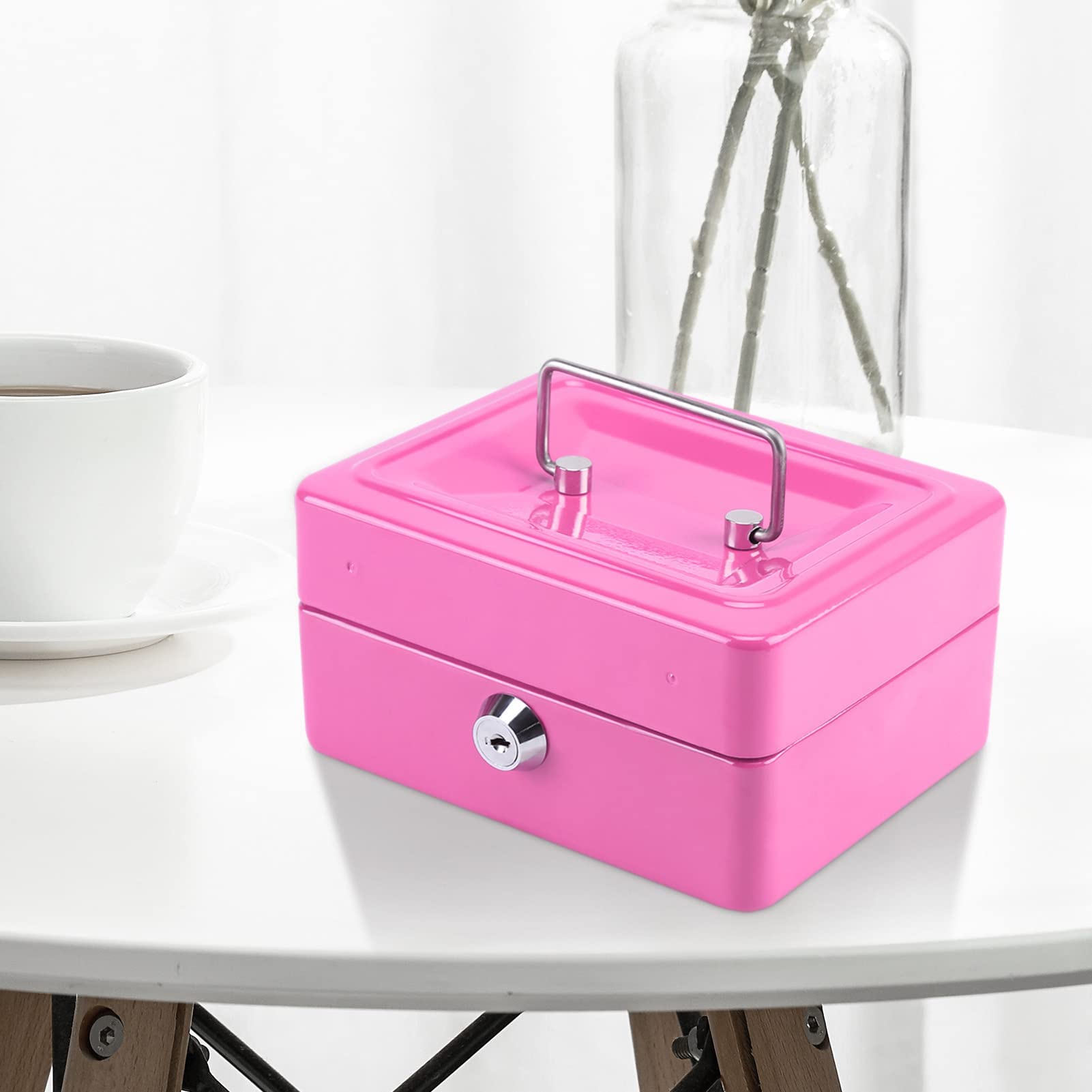 CROWNSHOP Lockable Cash Box 6" Metal Money Box with 2 keys Lockable Portable Petty Cash Money Tin with Removable Change Tray for Home Office and Events (Pink) - Image 7