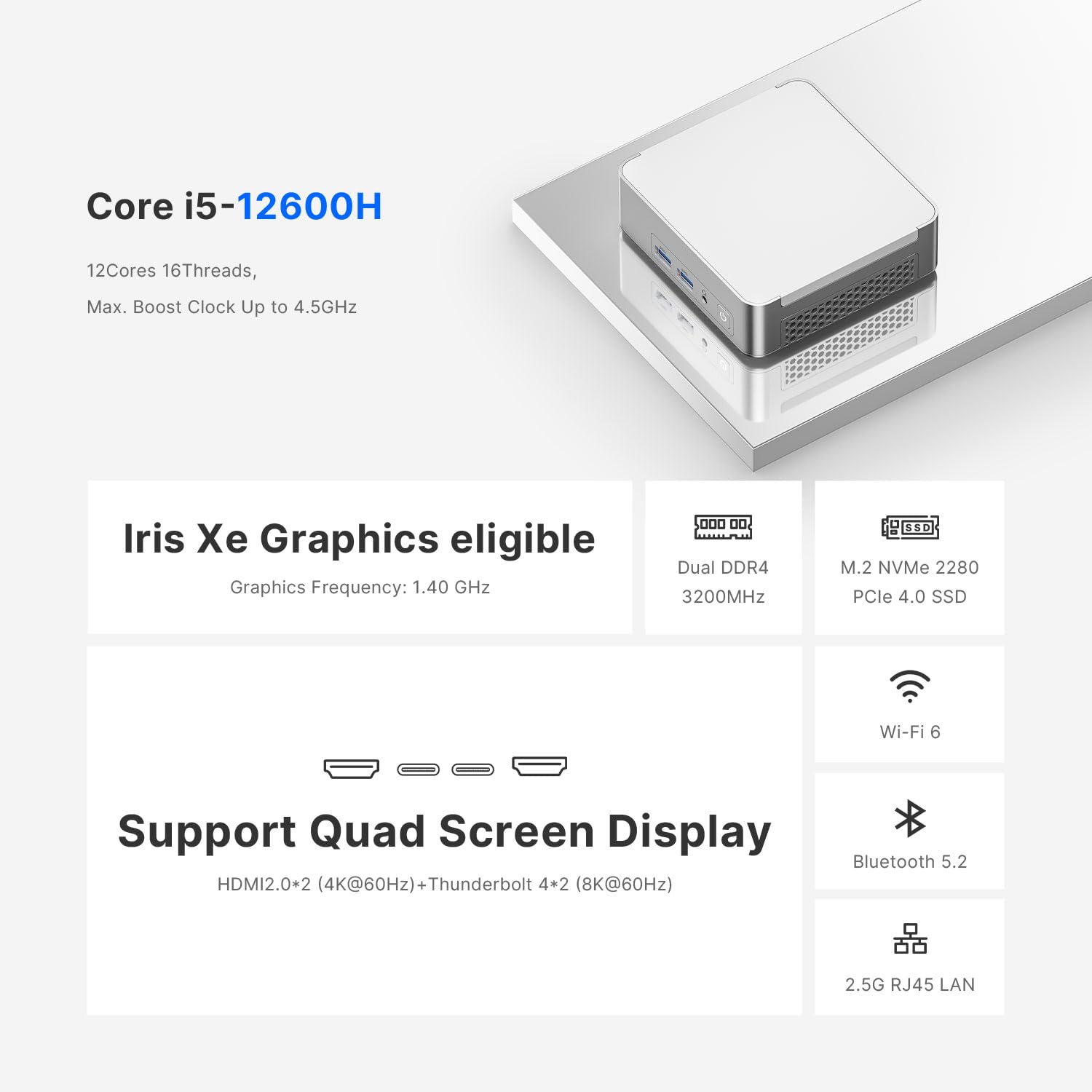 MAGICNUC AG1 Casa-Gaming-Mini-PC, Core i5-12600H, 32GB DDR4, SSD PCIe 4.0 da 1TB, Thunderbolt 4, Doppio HDMI 2.0, WiFi 6, Bluetooth 5.2, Computer Miniaturizzato Ultracompatto
