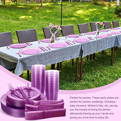 Queekay 180 Pcs Plastic Dinnerware Set Include 30 Plastic Plates, 30 Dessert Plates, 30 Forks, 30 Knives, 30 Spoons, 30 Plastic Cups, Utensils For Christmas Holiday Party Supplies (Purple) #TOP3