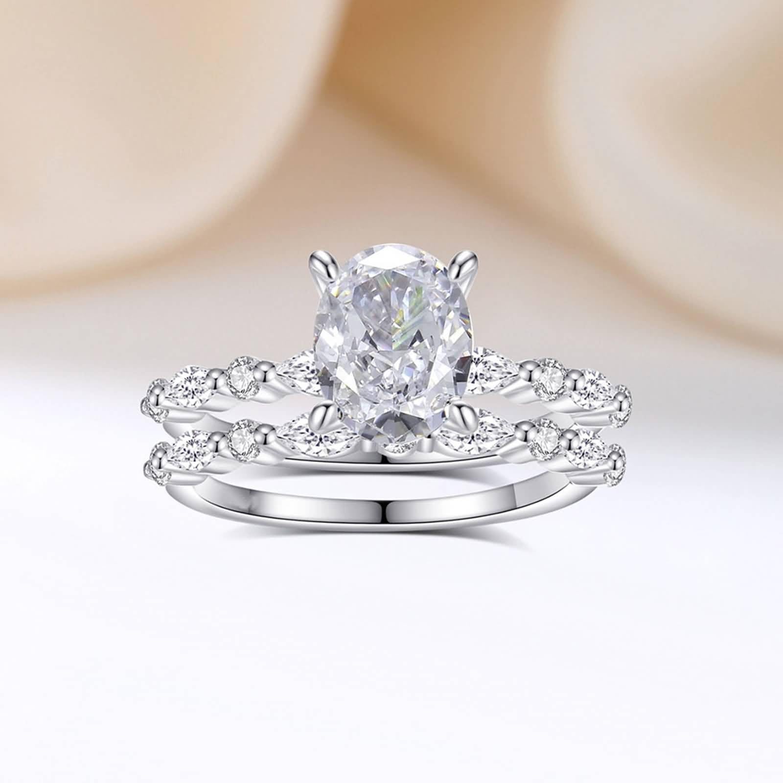 Statement Ring Damen, Promise Ring for Women 2 Schmale Ringe mit 7X9mm Ovalem Moissanit Silber 14K Weißgold Größe 47 (15.0)