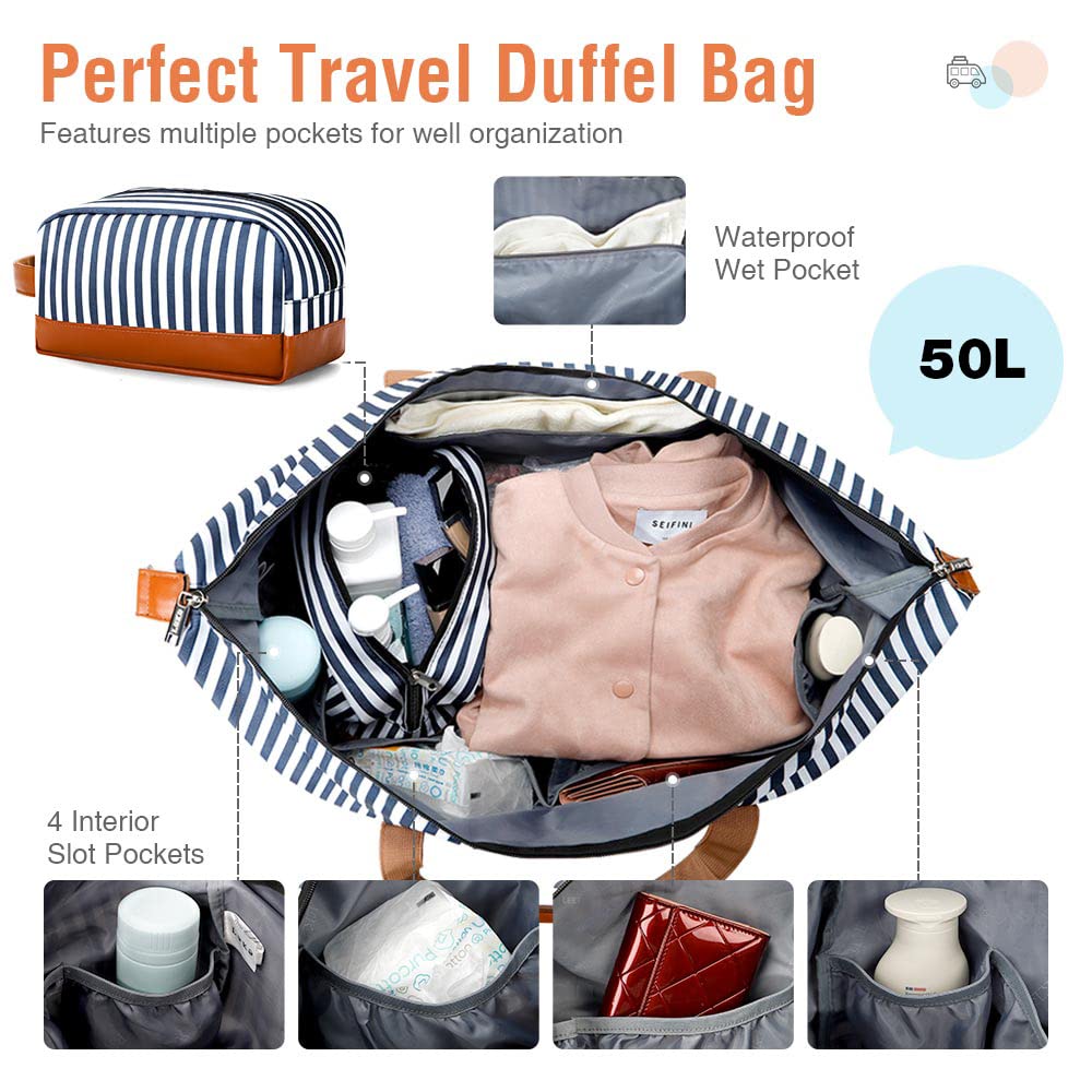 Borsone da Viaggio Donna 50L | Borsa da Viaggio Donna con Scomparto Impermeabile Separato - con 1 Custodia per la Toilette e 2 Custodie per le Scarpe - Striature