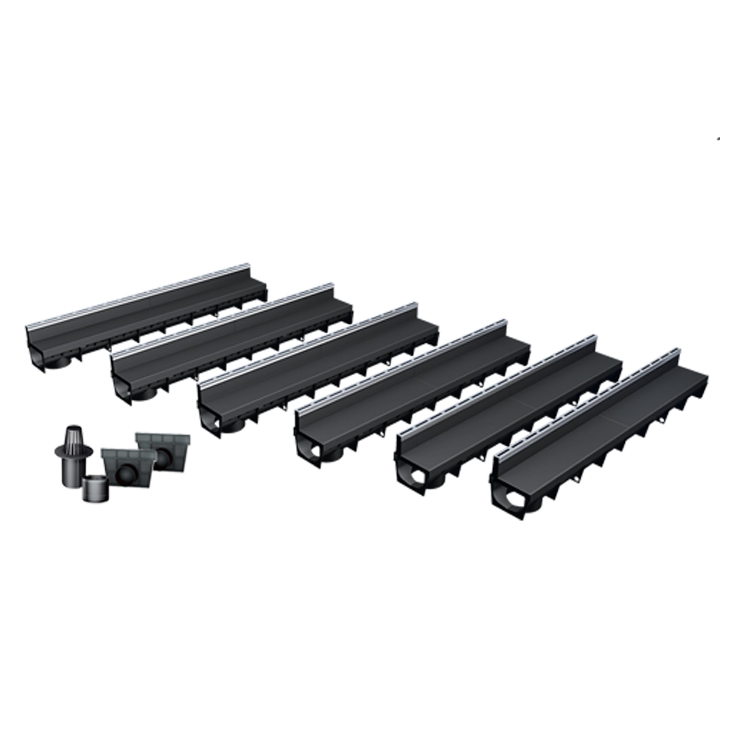 MEA Pack de 6 Caniveaux Extérieurs MEAPARK – Grille à Fente en PP Recyclé + Profil E-Blade S en INOX – Drainage Terrasse, Piscine, Jardin – Classe A15 Piéton – Largeur utile 10 cm