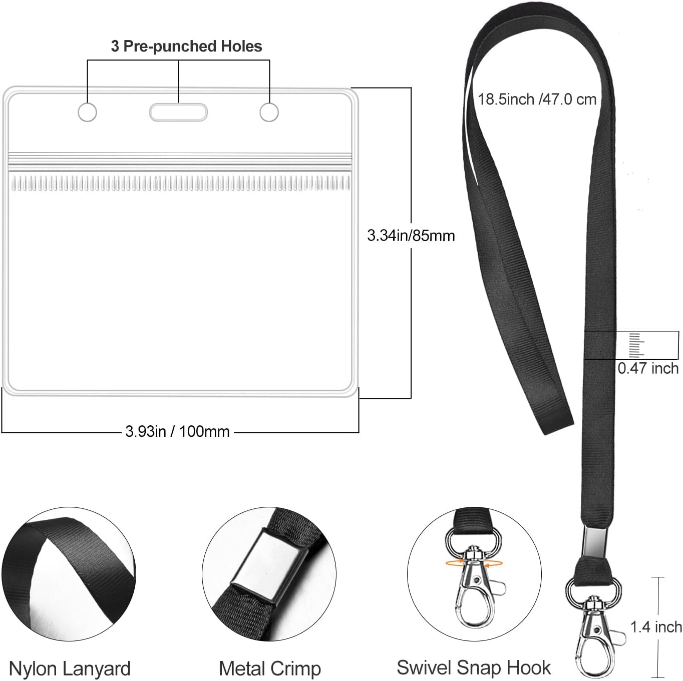 Clear ID Badge Holder with Lanyard Water Proof Horizontal Display Identification Card Name Card Protector with Zipper Resealable Nametag Holder (Black - 6PCS) - Image 7