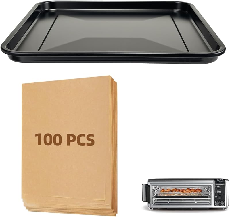 Bandeja para hornear de repuesto y 100 piezas de papel pergamino para Ninja Foodi SP101 | Bandeja para hornear antiadherente negra, revestimientos para freidora de aire sin blanquear, accesorios para horno de freidora de aire para horno tostador Ninja Flip