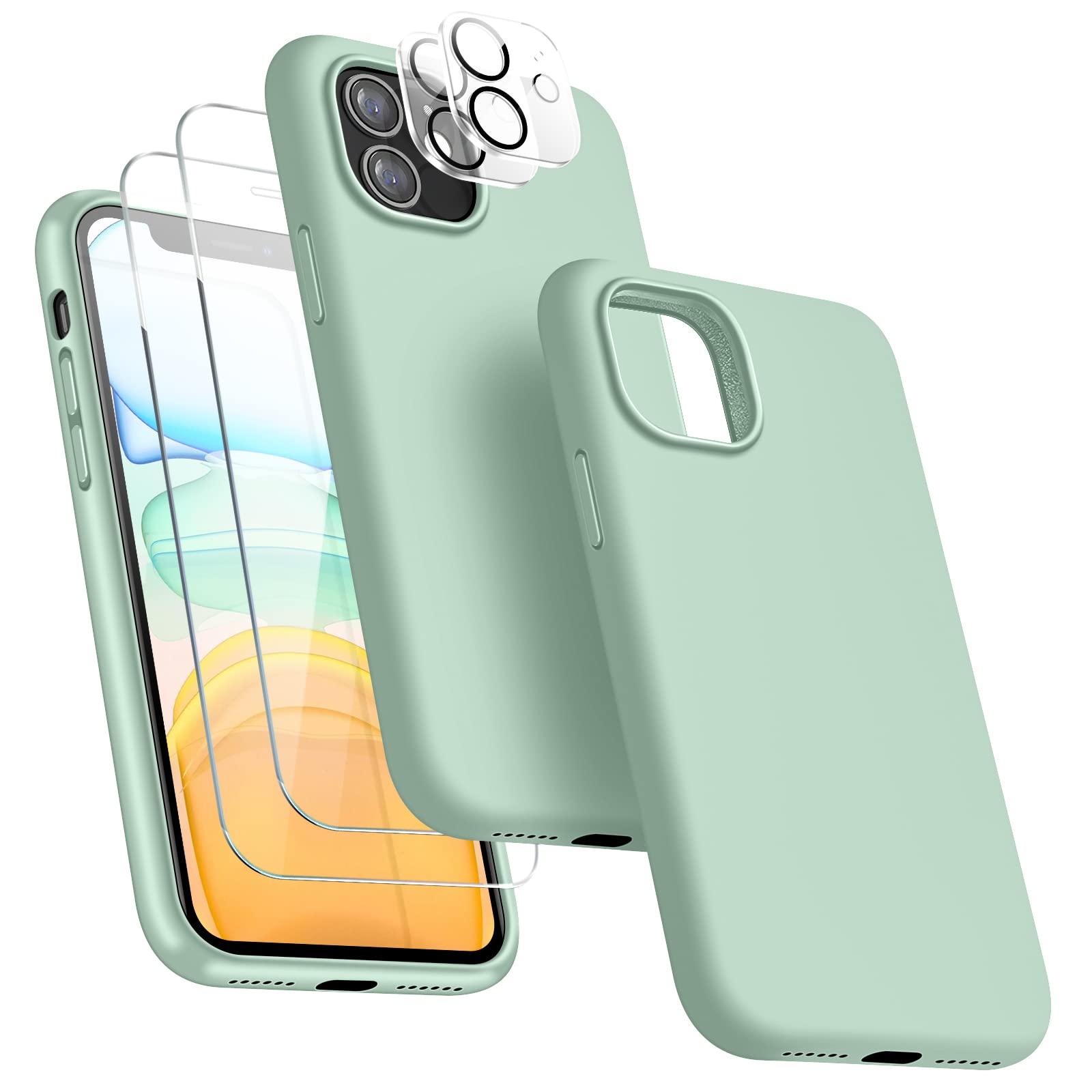 [5 in 1 for iPhone 11 Case 6.1 inch, with 2 Pack Screen Protector + 2 Pack Camera Lens Protector, Liquid Silicone Slim Shockproof Protective Phone Case [Microfiber Lining]… (Mint Green)