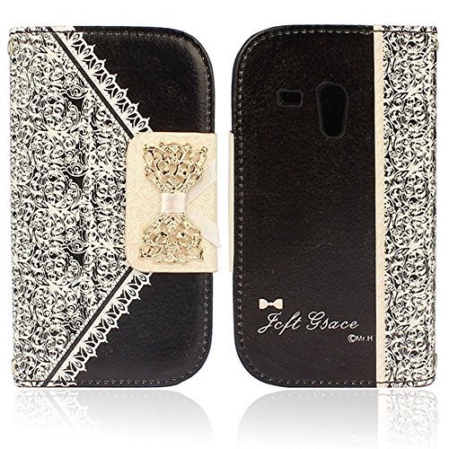 Suppion 1pc Cute Flip Wallet Leather Case Cover for Samsung Galaxy S3 Mini (Black)