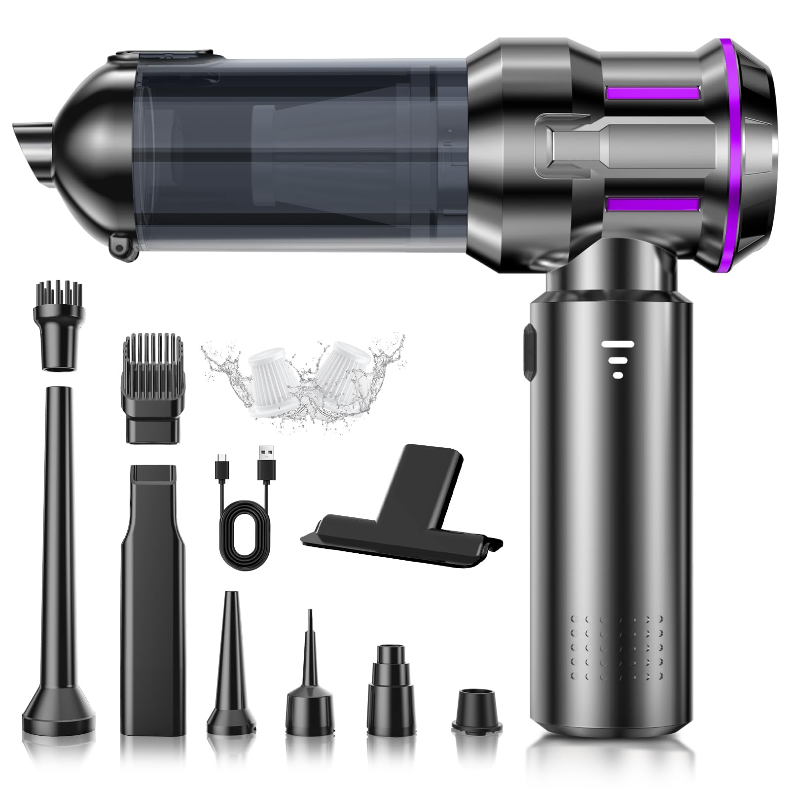 Handstaubsauger, 22000Pa 4-in-1 Handstaubsauger Akku Kabellos mit 1-Knopf-Selbstentleerung, Bürstenloser Motor Mini Staubsauger,3 Stufen Saugstärke,Auto Staubsauger für Haus/Auto/Tierhaar,Schwarz Lila