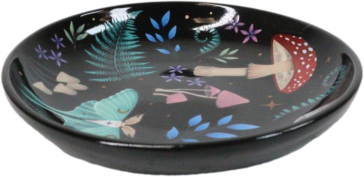 Ebros Gift Bone China Ceramic Gothic Wicca Dark Forest Toadstool Mushrooms Luna Moth Apothecary Herbs Trinket Jewelry Dish Or Appetizer Plate