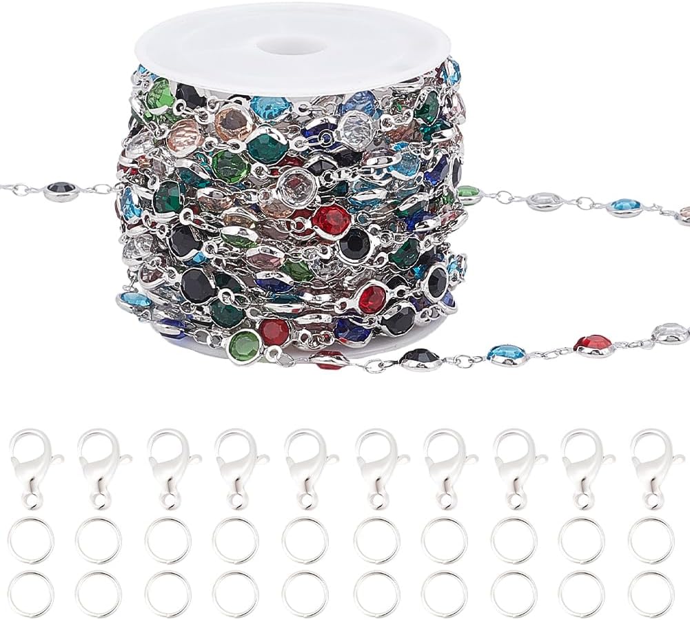 Beebeecraft Colorful Crystal Chain for Jewelry Making 16.4 Feet 5m Glass Rhinestone Chain 304 Stainless Steel 10Pcs Lobster Claw Clasps 30Pcs Jump Rings for DIY Necklace Bracelet Supplies Kit