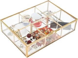 HighFree Golden Vintage Glass Box, Clear Keepsake Box Jewelry Organizer and Counter Top Collection Display Case, Decorative Clear Glass & Brass Box